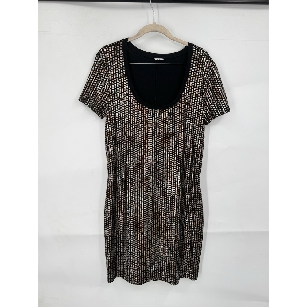 Three Dots Geometric Metallic Mini Dress Women L Black Gold Retro Night Out‎